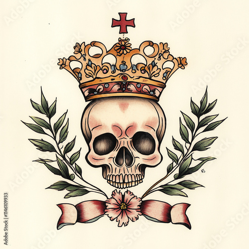 Skull and Crown tattoo flash illustration photo