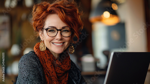 Happy Redhead Woman Working on Laptop in Cafe