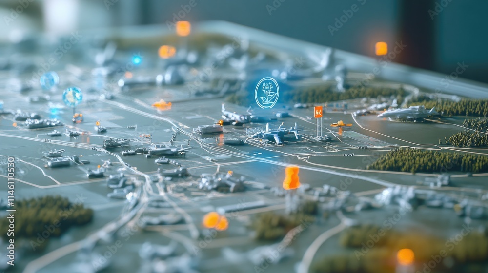 Obraz premium Holographic Military Map Layout in High-Tech Command Center, Highlighting Tactical Points and Military Emblems, Strategic Layout. 