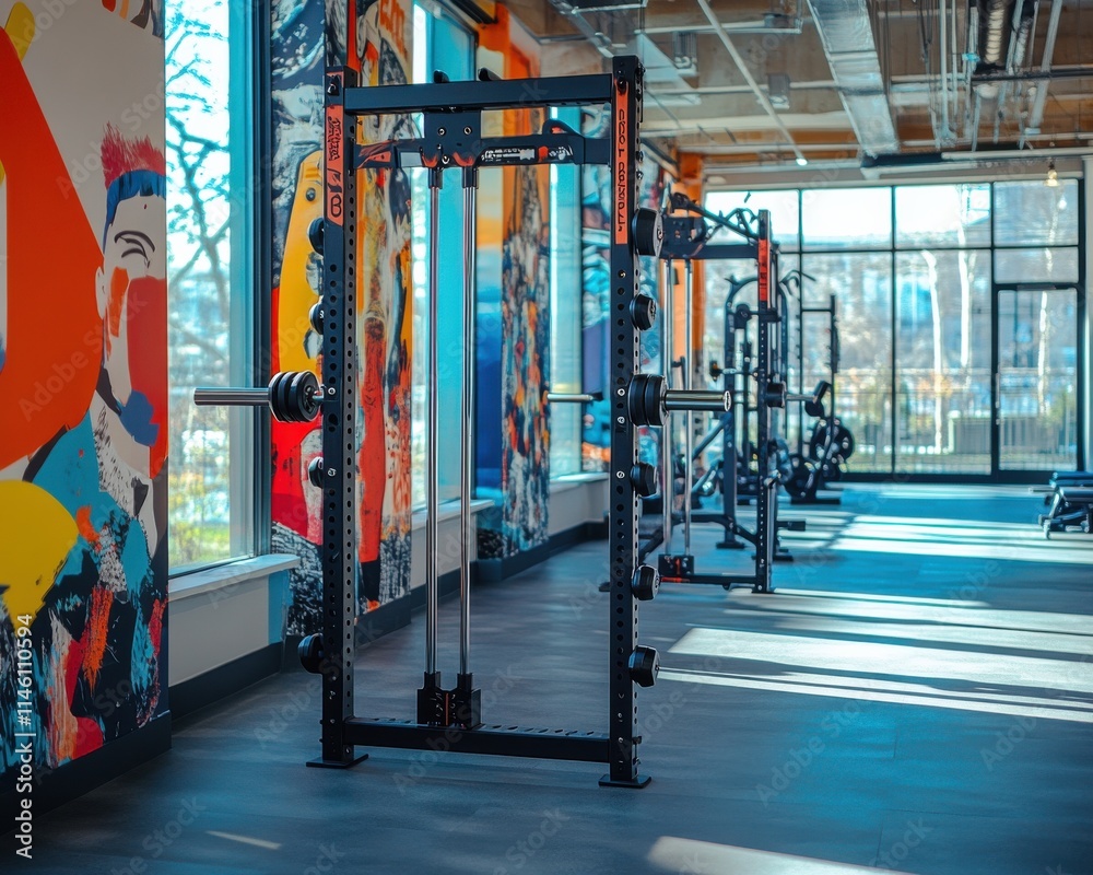 Fototapeta premium Weightlifting Rack with Artistic Mural Gym Interior, Clean Light-Filled Space for Fitness Advertisements