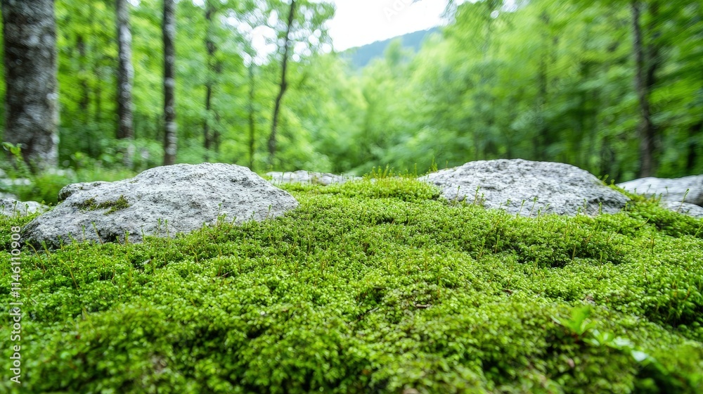 Lush green moss covering rocks in a forest. Lush green moss covering rocks in a forest.