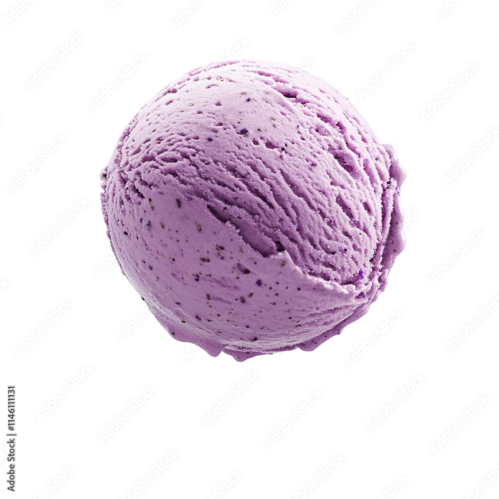 Extreme front view of a hyperrealistic single ball of lavender honey ice cream levitating in mid-air isolated on a white transparent background Extreme front view of a hyperrealistic single ball of lavender honey ice cream levitating in mid-air isolated on a white transparent background