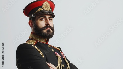 Confident Man in Military Uniform with Hat and Epaulettes photo