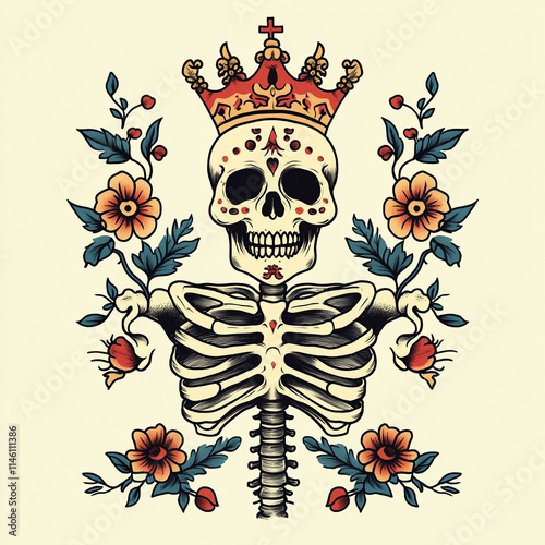 Skull and Crown Chest tattoo flash illustration photo