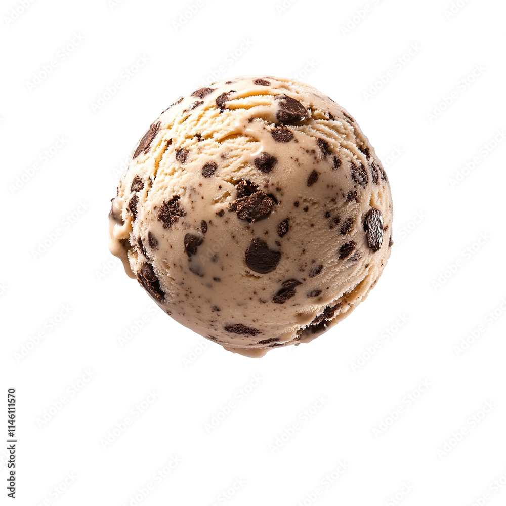 Extreme front view of a hyperrealistic single ball of mocha chip ice cream levitating in mid-air isolated on a white transparent background Extreme front view of a hyperrealistic single ball of mocha chip ice cream levitating in mid-air isolated on a white transparent background