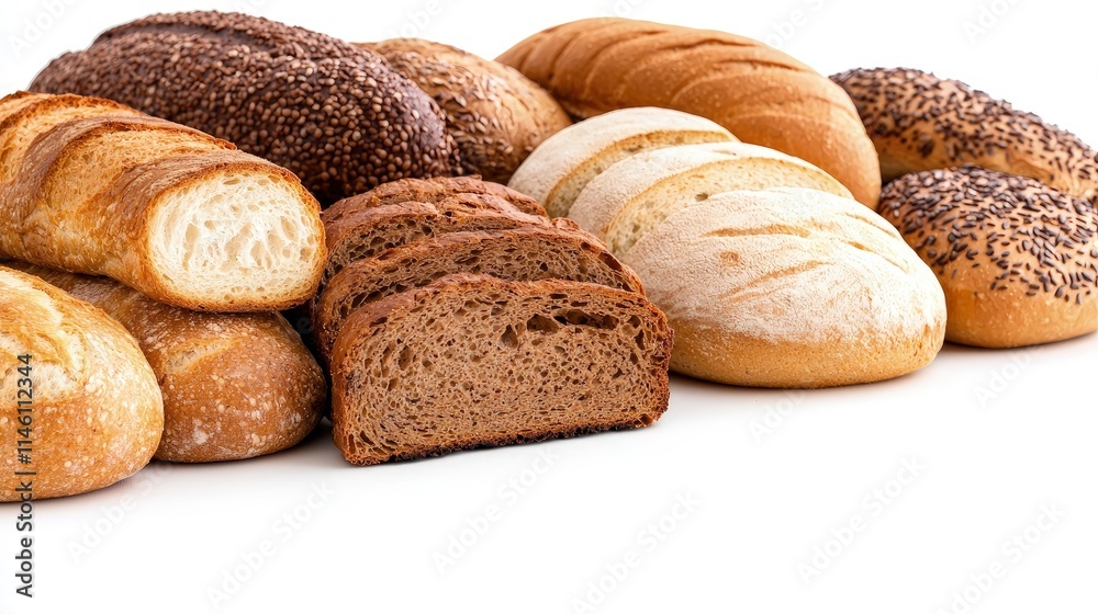 Variety of freshly baked bread loaves and slices isolated on white background. Variety of freshly baked bread loaves and slices isolated on white background.