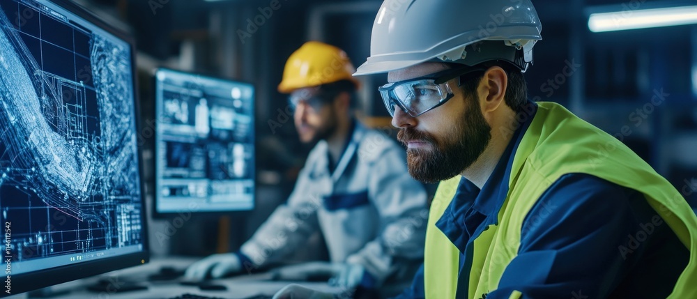 Mining engineers using AI-driven software to map mineral deposits in a mine, Mining engineers using AI-driven software to map mineral deposits in a mine,