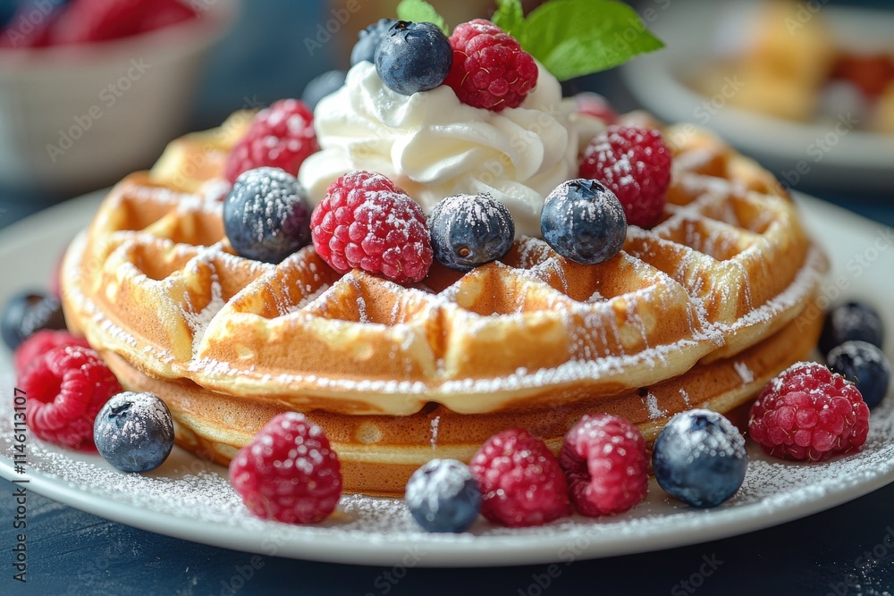 Waffle Dish with Fresh Berries and Mint, White Bowl, Neutral Background, Food Product Marketing or Culinary Lifestyle Content Waffle Dish with Fresh Berries and Mint, White Bowl, Neutral Background, Food Product Marketing or Culinary Lifestyle Content