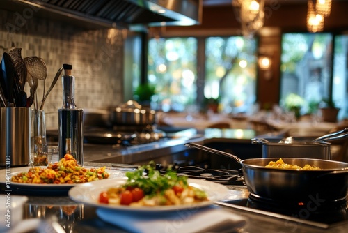 A vibrant gourmet kitchen showcases beautifully plated dishes in a sunlit atmosphere. Fresh ingredients and modern cooking tools enhance the culinary artistry in this inviting space