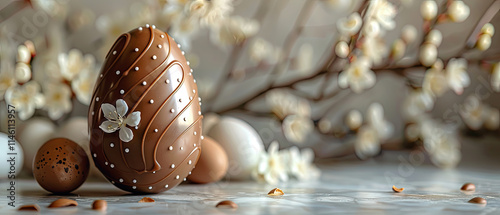 Decorative chocolate egg surrounded by flowers and smaller eggs in a serene spring setting
