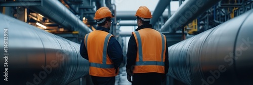 Engineers inspecting large pipelines at a water treatment plant