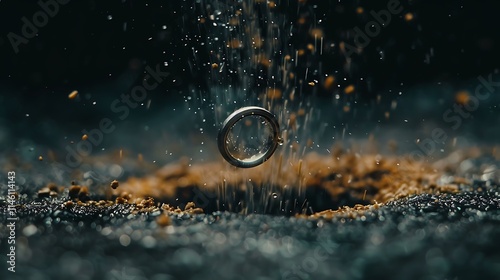 Slow motion of wedding ring falling and bouncing on a dark surface