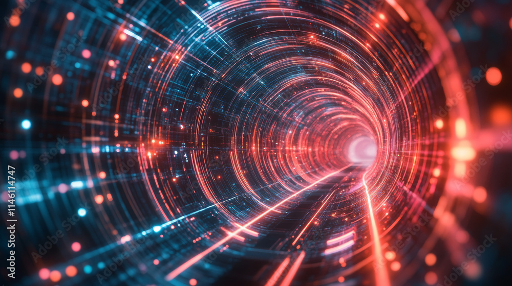 Futuristic glowing tunnel with vibrant red and blue lights creating dynamic effect Futuristic glowing tunnel with vibrant red and blue lights creating dynamic effect