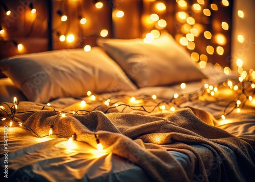 Nokeh Lights: illuminating cozy bedroom scenes.  Candid photography, soft lighting, intimate and inviting. photo