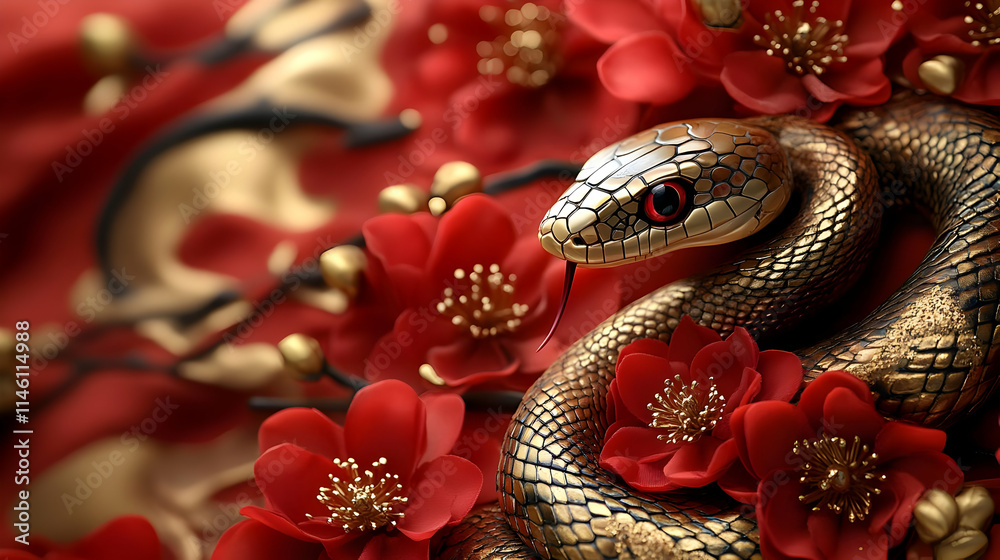 Golden Snake Coiled Amidst Red Blossoms Golden Snake Coiled Amidst Red Blossoms