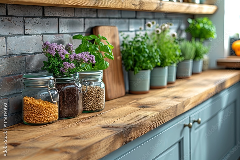 Kitchen counter with jars of spices and herbs, including basil, parsley, and thyme
