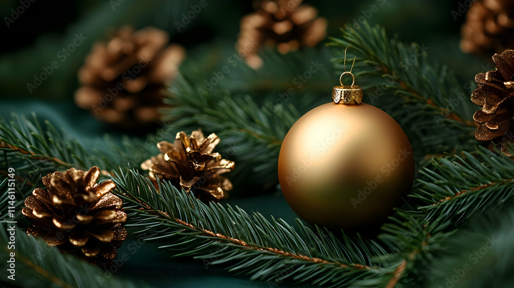 Golden Ornament & Pine Cones on Evergreen Branch Golden Ornament & Pine Cones on Evergreen Branch