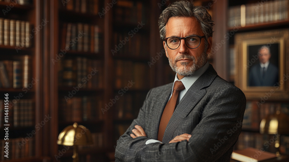 Fototapeta premium Confident Mature Man in Suit Library Background