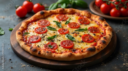 pizza with tomatoes and mushrooms. Italian pizza with cheese, cherry tomatoes and Italian herbs. Pizza Margherita. photo