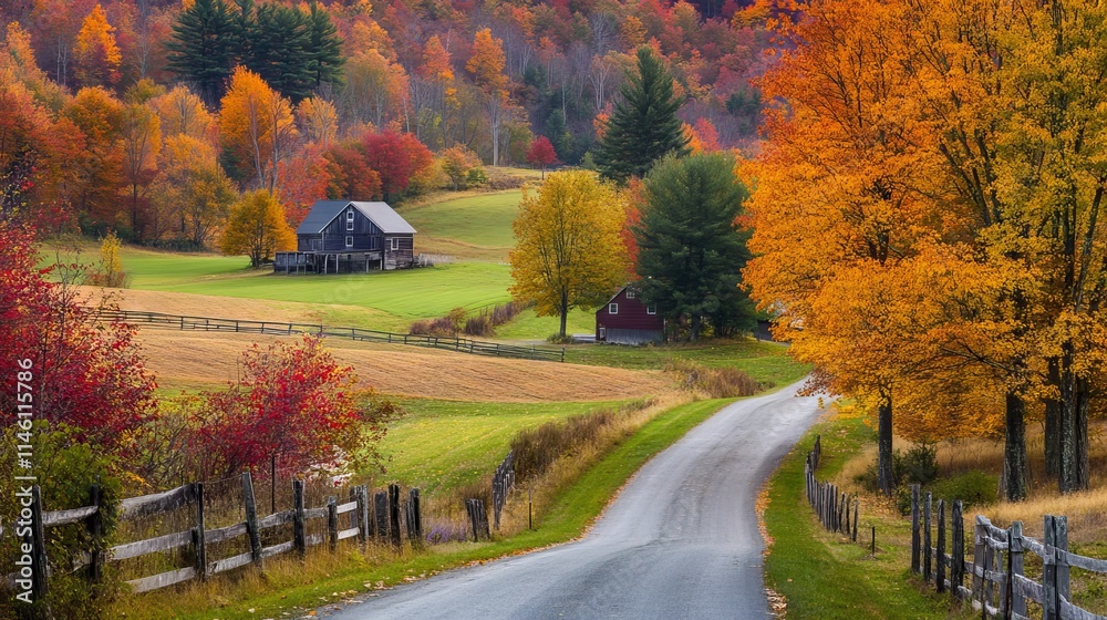 Serene vermont countryside road in autumn season with vibrant fall foliage, rolling hills, and rustic rural landscape Serene vermont countryside road in autumn season with vibrant fall foliage, rolling hills, and rustic rural landscape