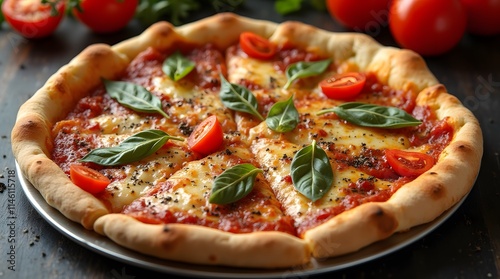 Baked pizza with cheese and cherry tomatoes, decorated with basil leaves. Cheese sides on Italian pizza. photo