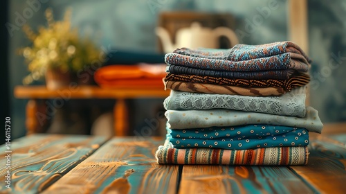 Stack of clothes on table indoor household concept