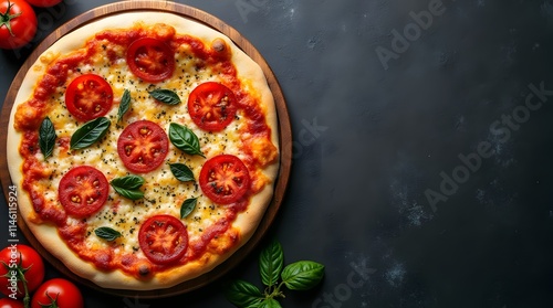 Italian pizza with cheese, tomatoes and basil leaves. There are tomatoes and a sprig of basil on the table nearby. Menu for the pizzeria. photo
