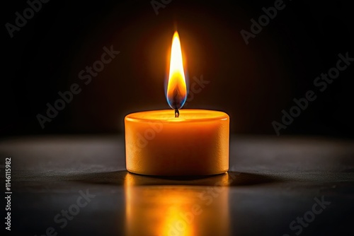 Tilt-shift photography transforms a single candle's flame into a mesmerizing miniature scene against a stark black background. photo