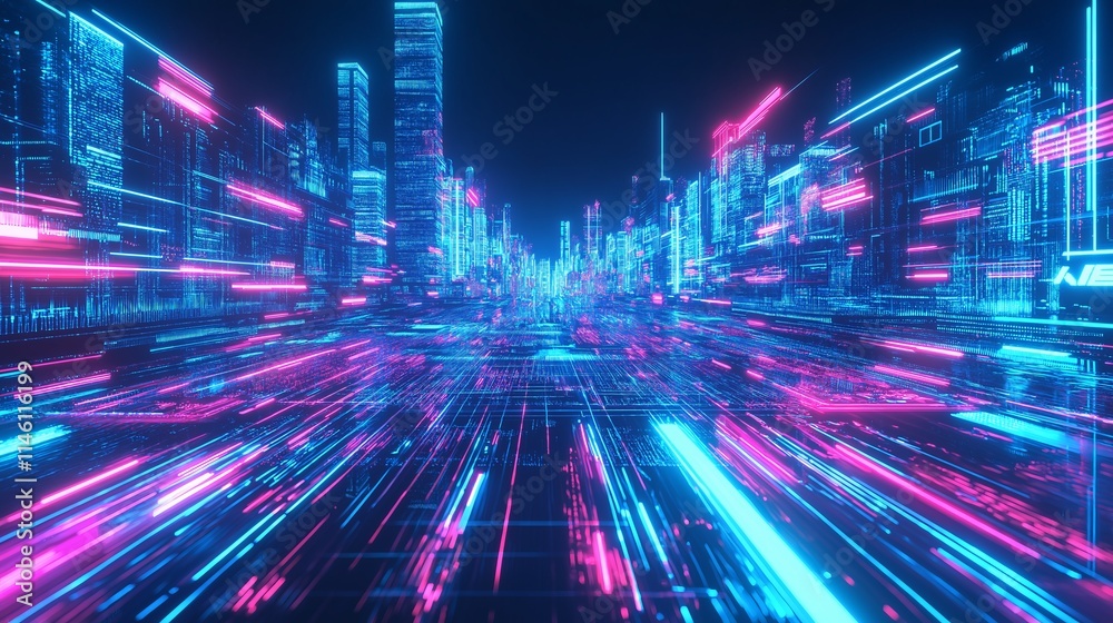 Neon city skyline with glowing lines and digital data. Neon city skyline with glowing lines and digital data.