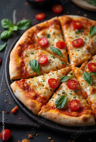 pizza with salami and tomatoes. Baked Italian pizza with tomatoes, cheese and basil lies on a dark background. photo