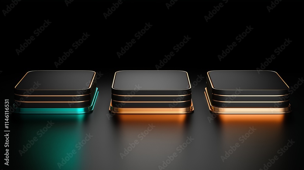 Three black pedestals with gold and teal accents on a dark background. Three black pedestals with gold and teal accents on a dark background.