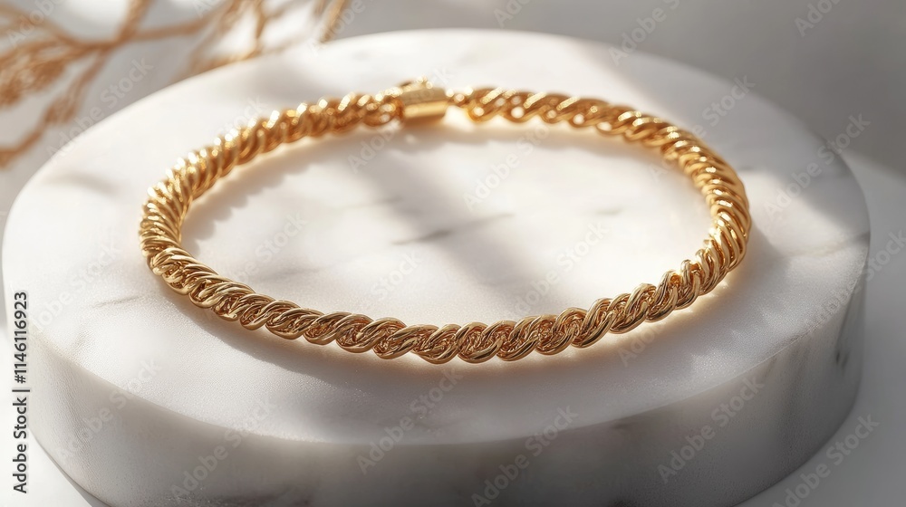 Elegant Gold Twisted Bracelet on Marble Surface for Jewelry Display Elegant Gold Twisted Bracelet on Marble Surface for Jewelry Display