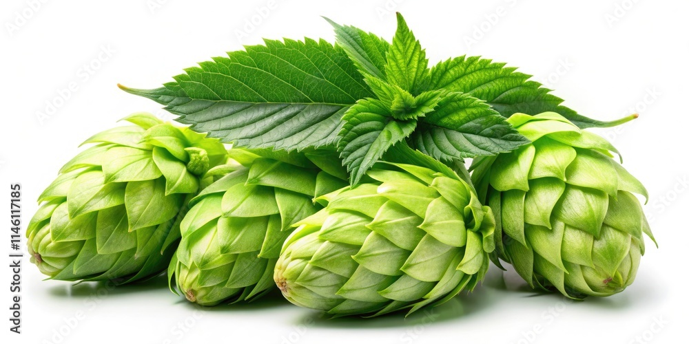 Vibrant green hops, leaves and cones, against a pristine white backdrop. Vibrant green hops, leaves and cones, against a pristine white backdrop.