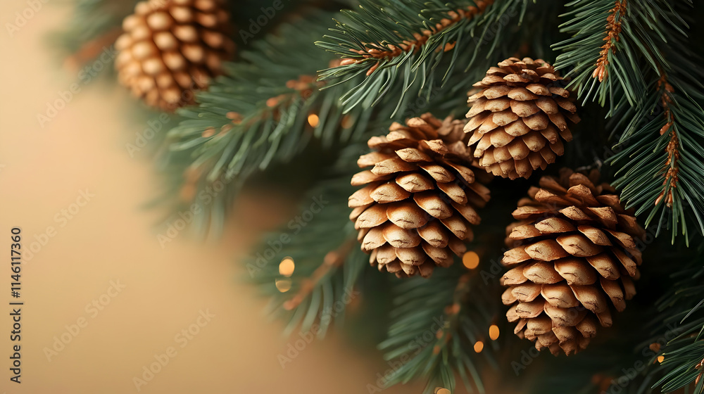 Golden Pine Cones on Evergreen Branches