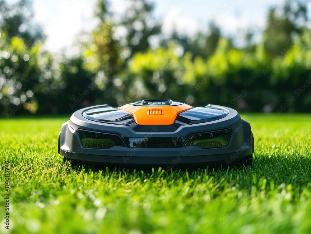 Robotic Lawn Mower, Sleek Black with Orange Accents, against a Manicured Green Lawn, for Home Maintenance and Garden Tools Advertising Robotic Lawn Mower, Sleek Black with Orange Accents, against a Manicured Green Lawn, for Home Maintenance and Garden Tools Advertising