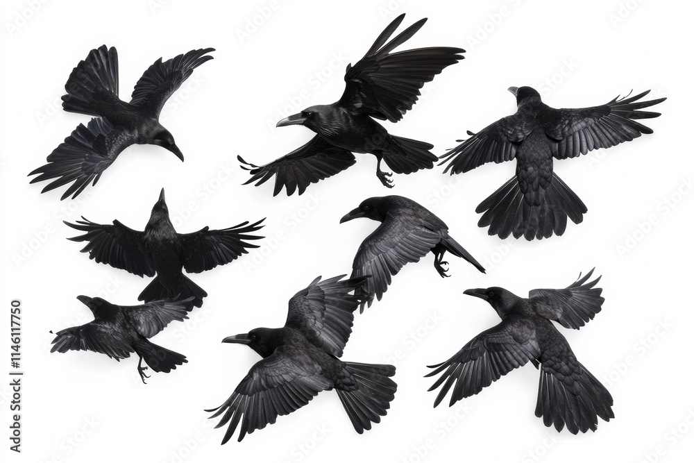 Fototapeta premium Flock of flying crows in various poses against white background, showcasing their wings