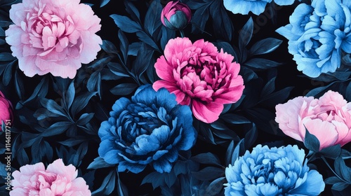 Unusual Floral summer seamless pattern. flowers on a black background. Template for fabrics, textiles, paper, wallpaper, interior decoration. Vintage