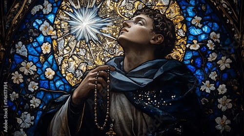 A radiant stained-glass portrayal of Saint Dominic, holding a rosary with a bright star above his head, glowing deep blue and white hues, intricate floral and sacred motifs illuminating the scene, photo