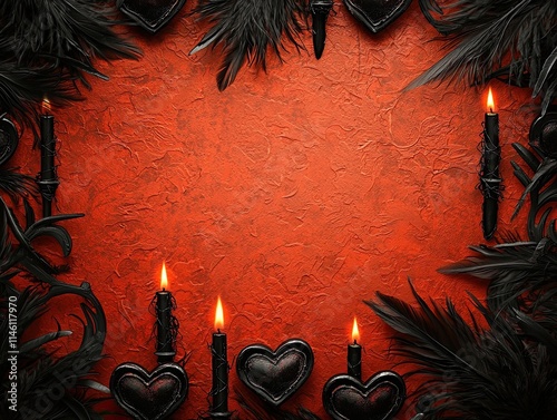 A dark-themed, romantic frame features black candles and heart motifs against a vibrant red background, ideal for a gothic or love-themed setting. photo