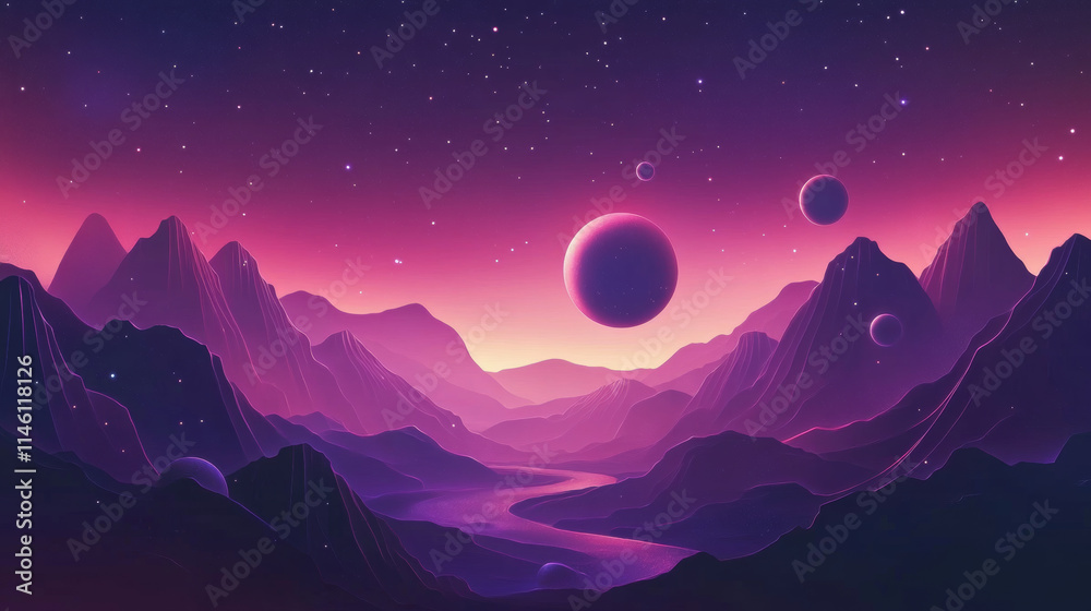 Fototapeta premium Futuristic space landscape with multiple planets and vibrant colors