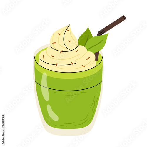 Matcha coffee with vanilla ice cream. Delicious summer drink. Flat illustration for menu, food blog, recipe.