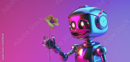 A cheerful 3D robot with a shiny, metallic finish, holding a small flower against a vibrant purple background.