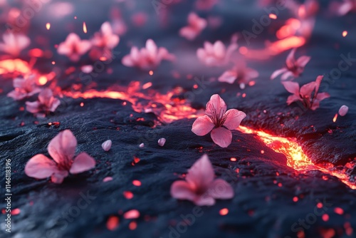 Sakura blossoms flutter above bright red cracks in volcanic terrain, capturing the contrast between fragile life and the fiery undercurrents of the planet. photo