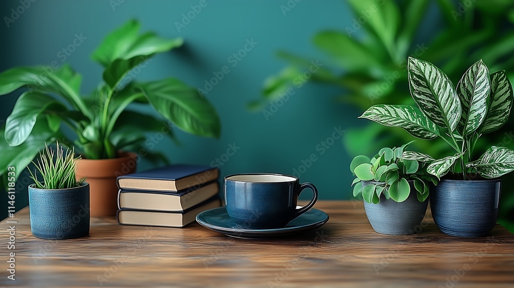 Serene Study Nook: A tranquil scene of houseplants, books, and a cup of coffee on a wooden table against a teal wall. Perfect for evoking feelings of peace, calm, and inspiration. Serene Study Nook: A tranquil scene of houseplants, books, and a cup of coffee on a wooden table against a teal wall. Perfect for evoking feelings of peace, calm, and inspiration.