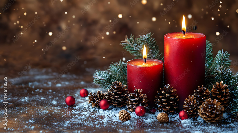 Burning Red Candles with Pine Cones and Snow Burning Red Candles with Pine Cones and Snow