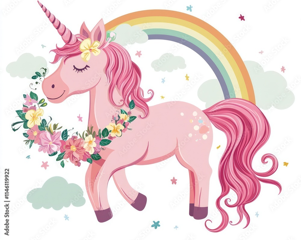 Fototapeta premium Cute unicorn with pink mane and a flower wreath, rainbow and clouds, perfect for childrena??s designs