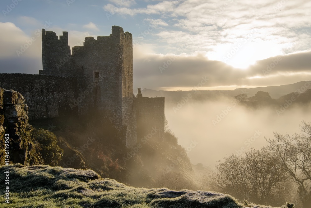Fototapeta premium A solitary castle emerges from a dreamy dawn fog, illuminated by the soft morning sun, standing as a symbol of strength and resilience in the ethereal landscape.