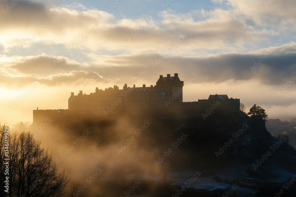 A powerful castle silhouette is cast against a breathtaking sunrise, with clouds in warm hues creating a dramatic and awe-inspiring scene, full of promise and hope. A powerful castle silhouette is cast against a breathtaking sunrise, with clouds in warm hues creating a dramatic and awe-inspiring scene, full of promise and hope.