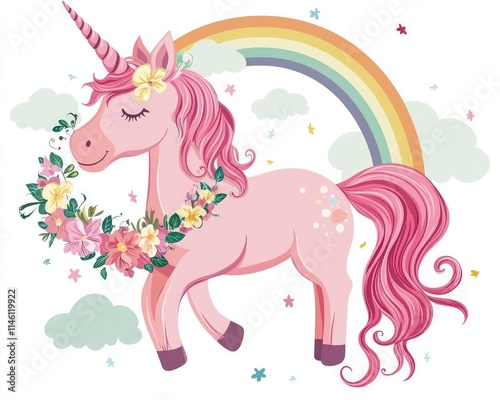 Cute unicorn with pink mane and a flower wreath, rainbow and clouds, perfect for childrena??s designs photo