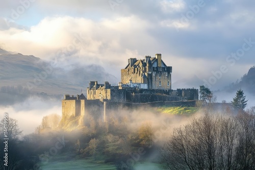 A beautiful castle rests serenely in a mist-covered valley, highlighted by the warm morning light, creating a peaceful and inviting atmosphere of discovery. photo